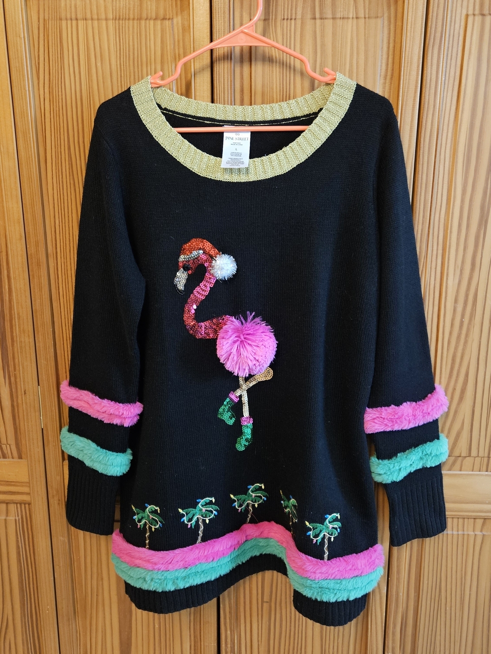 Black Novelty Flamingo Crewneck Sweater with Pink & Teal Trim